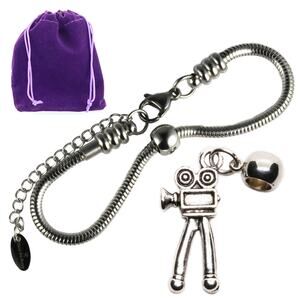 Silver Snake Chain Bracelet Camera Charm with Vintage Movie Camera